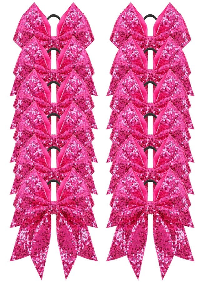 Oaoleer 12PCS 7" Large Glitter Cheer Hair Bows Ponytail Holder Elastic Band Handmade for Cheerleading Teen Girls College Sports (Sequin Hot Pink 12PCS) - Image 1