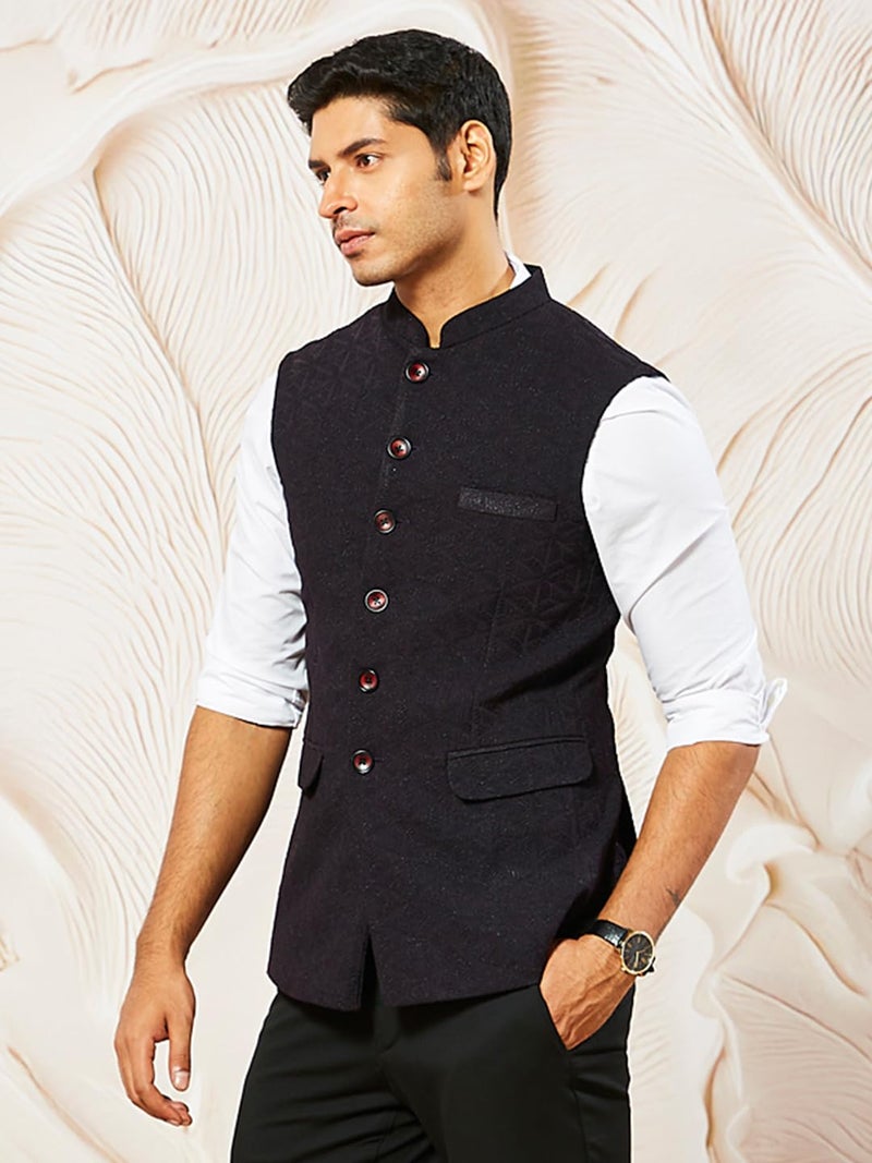 VASTRAMAY Men's Wine - Nehru Jacket, Silk Blend Emboss Fabric nehru jacket For Men, Traditional Indian Festive & Ethnic Wear - Image 3