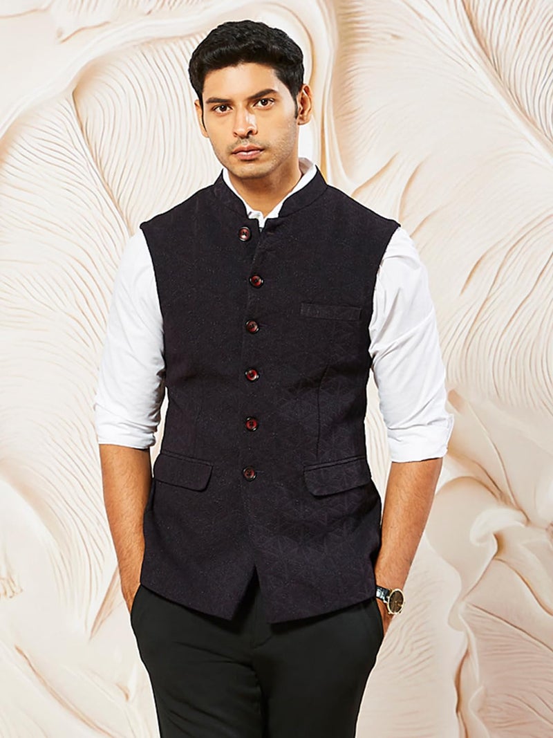 VASTRAMAY Men's Wine - Nehru Jacket, Silk Blend Emboss Fabric nehru jacket For Men, Traditional Indian Festive & Ethnic Wear - Image 2