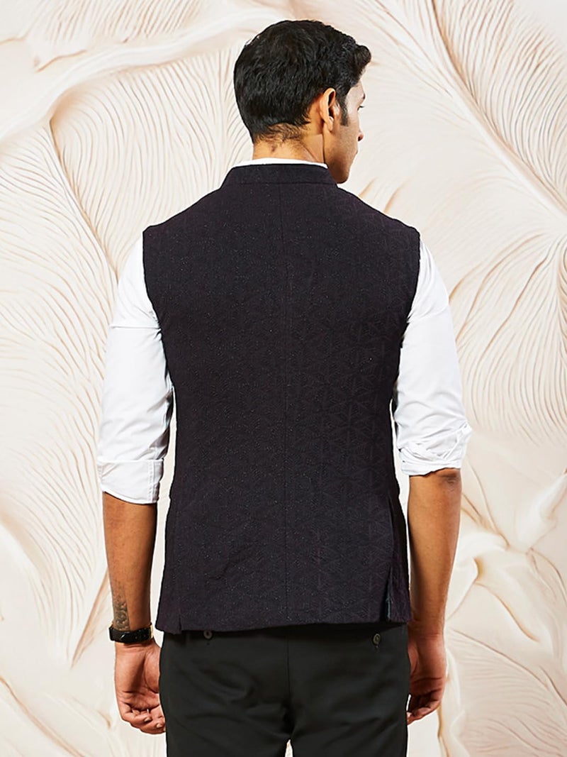 VASTRAMAY Men's Wine - Nehru Jacket, Silk Blend Emboss Fabric nehru jacket For Men, Traditional Indian Festive & Ethnic Wear - Image 5