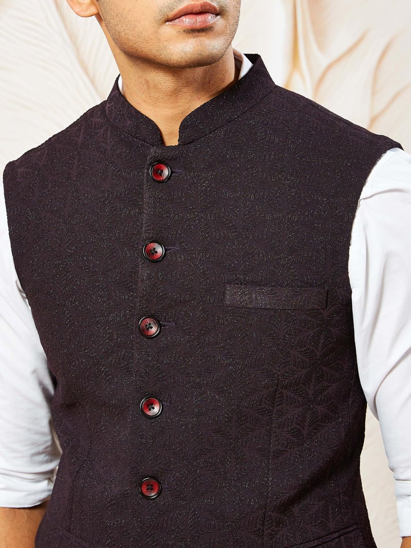 VASTRAMAY Men's Wine - Nehru Jacket, Silk Blend Emboss Fabric nehru jacket For Men, Traditional Indian Festive & Ethnic Wear - Image 4