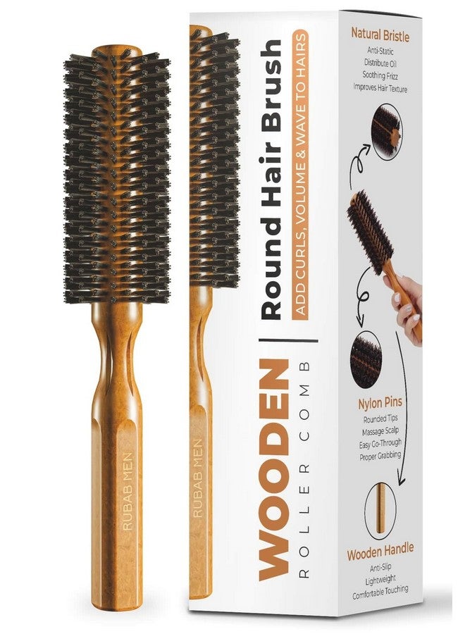 RUBAB MEN Natural Bristle Round Hair Brush Roller Comb For Men & Women| Sturdy Wooden Handle & Superior Brisles For Hairstyling, Blow Dry, Add Volume, Curling & Straightening Hairs - Image 1