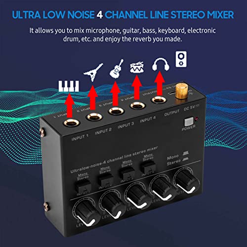 Btuty Ultra Low Noise 4 Channel Line Stereo Mixer 4 Input 1 Output DC 5V Portable Mini Audio Mixer Microphone Guitar Bass Keyboard Mixers for Club Bar Stage Studio - Image 5