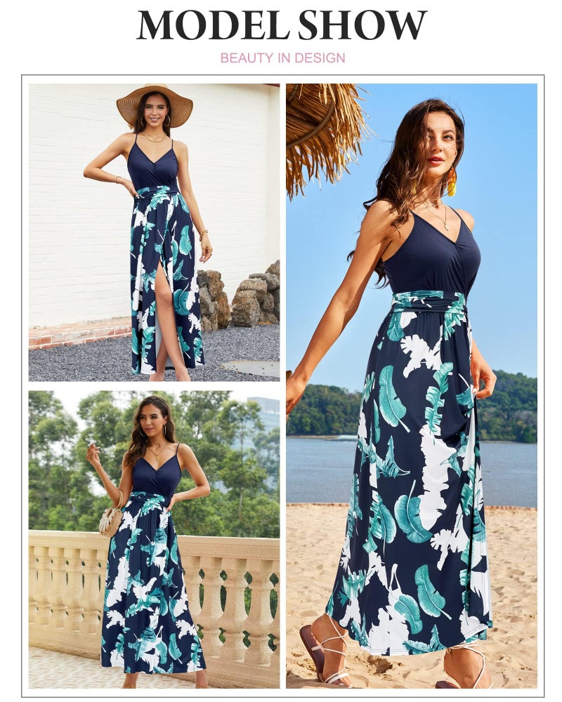 Newshows Womens' Summer Dresses 2025 V Neck Spaghetti Strap Sleeveless Casual Split Beach Hawaiian Long Flowy Maxi Wedding Guest Trendy(Blue Floral Leaf, M) - Image 2