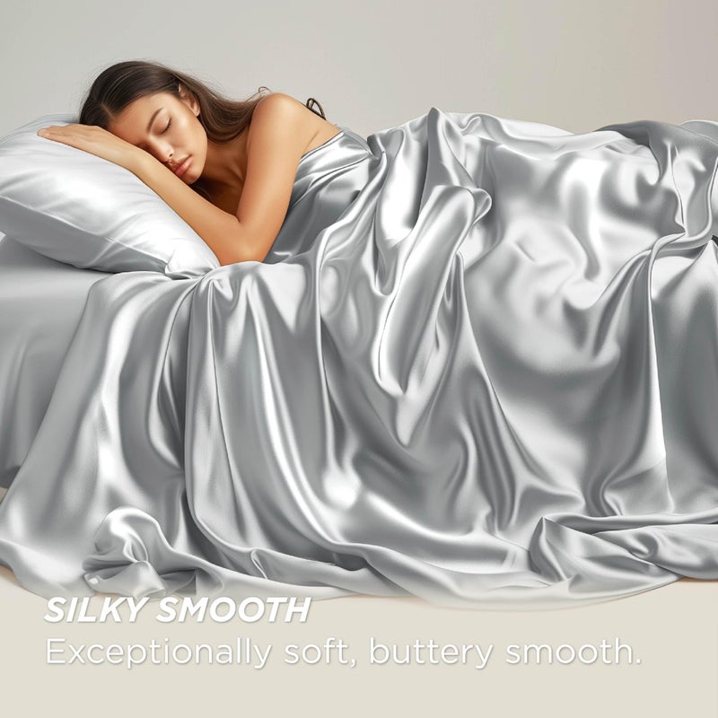 Bedsure Satin Sheets Queen Size - Similar to Silk Sheets, Silky Bedsheet, Luxury & Ultra Soft, Non-Fading & Wrinkle Free, Good for Hair & Skin, Gifts for Women, 4 Pieces, Silver Grey - Image 2