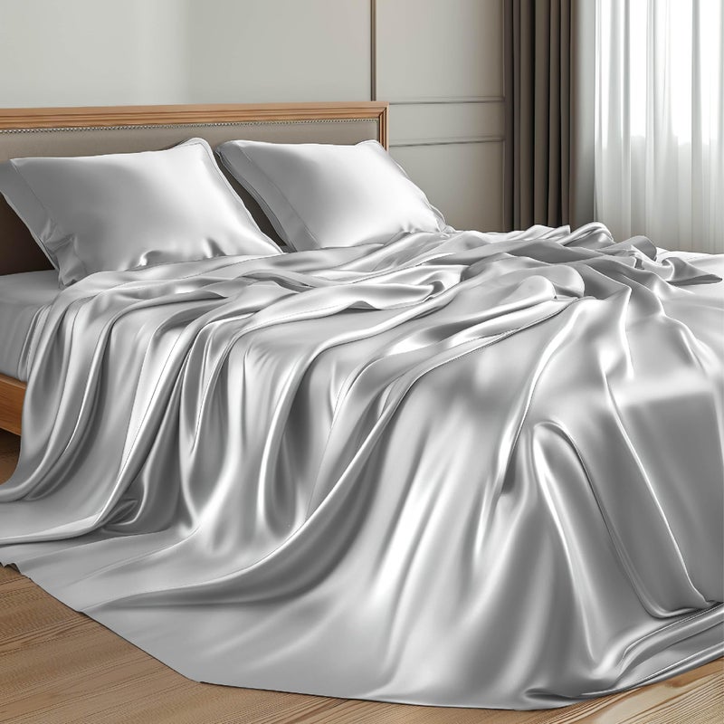 Bedsure Satin Sheets Queen Size - Similar to Silk Sheets, Silky Bedsheet, Luxury & Ultra Soft, Non-Fading & Wrinkle Free, Good for Hair & Skin, Gifts for Women, 4 Pieces, Silver Grey - Image 5