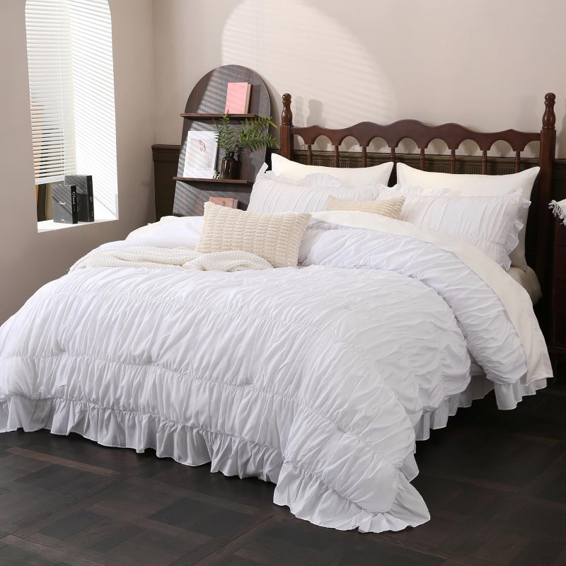 Herside White Comforter Set King SizeRuched Boho Bedding 9Piece BedinaBag for All SeasonsFluffy Luxury Ruffle Bedding Set with Comforter Flat Sheet Fitted Sheet Pillow Shams Pillowcases