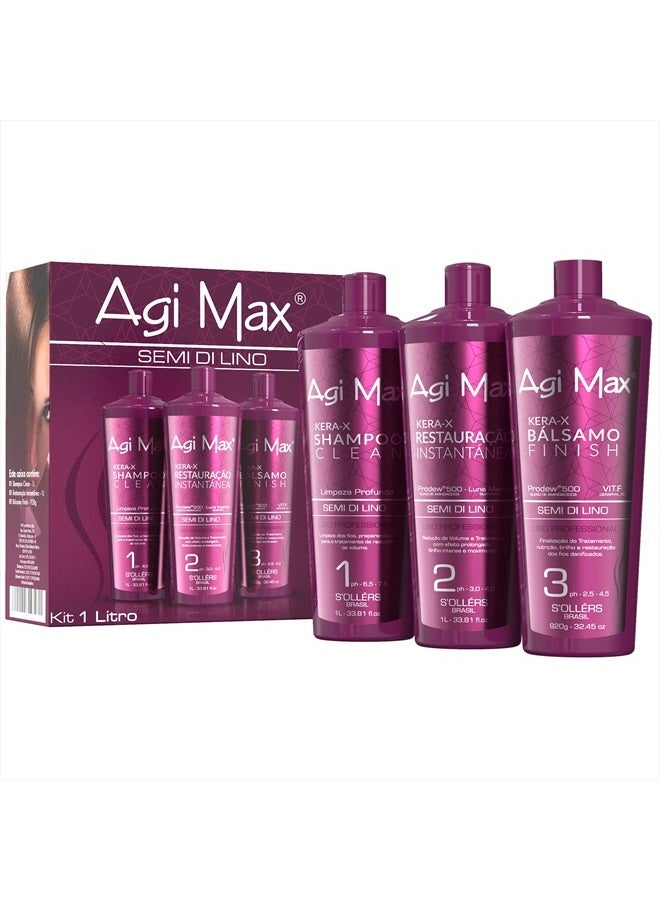 AGI Max Brazilian Natural Keratin Hair Treatment Kit for Straightening Curls and Frizz, Reducing Dry Damage, Nourish and Hydrate Root to Tip, Support Color Treated Styles - 1 liter - 3 Steps (3 x 1000 - Image 1