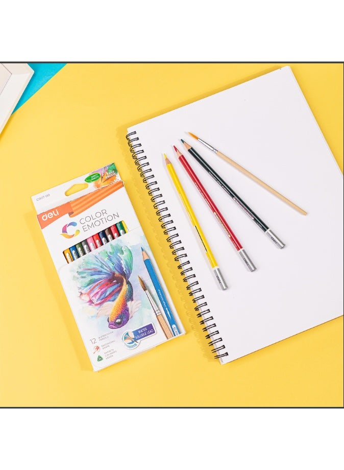 Deli emotion c00700 watercolor pencils with a brush pack of 12 colors - mutli color - Image 1