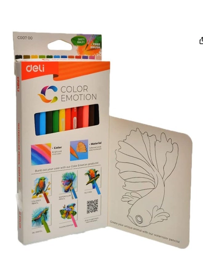 Deli emotion c00700 watercolor pencils with a brush pack of 12 colors - mutli color - Image 2
