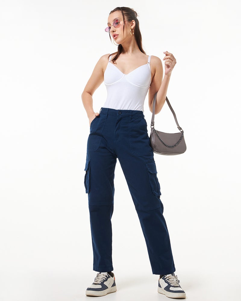 bewakoof Women's Blue Straight Cargo Pants - Image 4