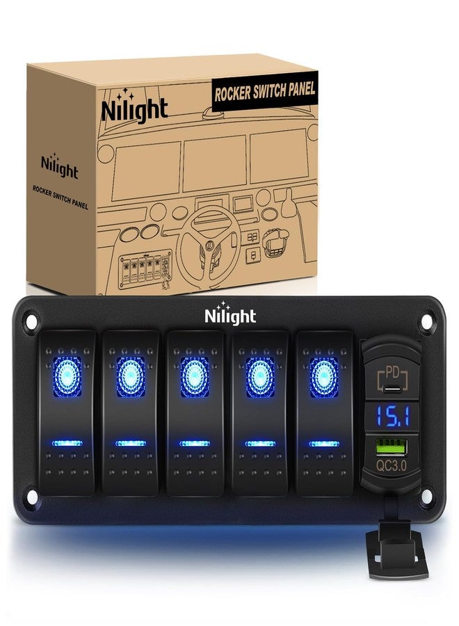 Nilight 5 Gang Rocker Switch Panel Blue Backlit with PD Type C and USB Charger Voltmeter Waterproof 12V 24V DC Switches with Night Glow Stickers for Car Trucks Boats RVs - Image 1