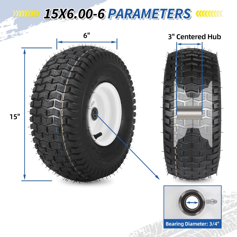 GICOOL (2 Pack) 15x6.00-6 Tubeless Tire and Wheel, 3" Offset Hub, 3/4" Bearing, 4 Ply, 15x6-6 Lawn Mower Front Tires, Compatible with 100 and 300 Series John Deere Riding Mower, Lawn Tractor and More - Image 2