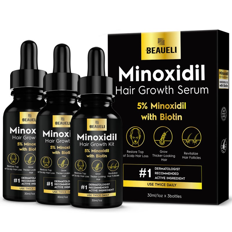 Beaueli 5 Minoxidil for Men and Women Hair Growth Beard Growth Hair Regrowth Unscented Drop 3 Fl Oz 3 Bottles