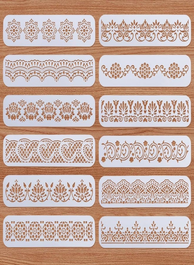 ORIGACH 12 Pcs Flower Border Stencil, Ornate Mandala Border PET Stencil Template for Wall Painting, Hollowed Out Floral Edge Painting Stencils for DIY Wall Wood Canvas Drawing, 11.8x3 inch - Image 1