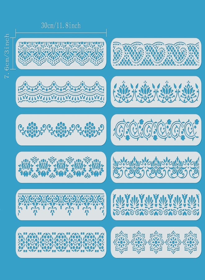 ORIGACH 12 Pcs Flower Border Stencil, Ornate Mandala Border PET Stencil Template for Wall Painting, Hollowed Out Floral Edge Painting Stencils for DIY Wall Wood Canvas Drawing, 11.8x3 inch - Image 2