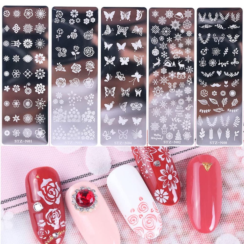 GASTAT Nail Stamp Template Kit Snowflake Deer Christmas Tree Ball Butterfly Flower Nail Supplies 5 Sheets Nail Stamping Plates with 1 Stamper 1 Scraper - Image 1
