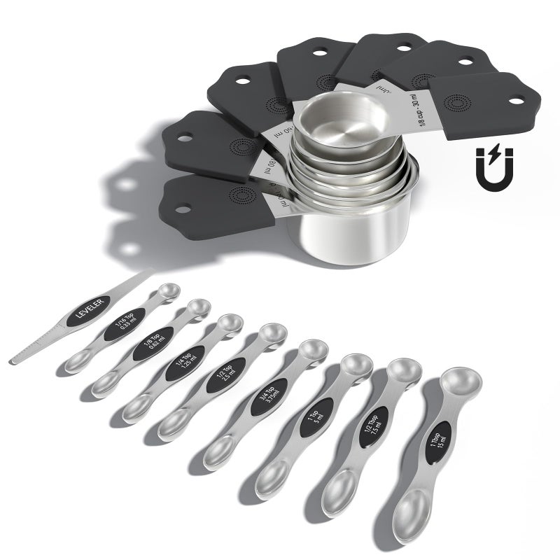 Magnetic Measuring Cups  Spoons Set Heavy Duty 304 Stainless Steel Double Measurement Markings Strong N52 Magnet Set of 16 with Leveler for Measure Dry  Liquid Ingredient Dishwasher Safe Black