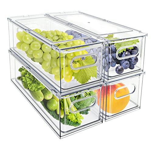 MineSign 4Pack Stackable Fridge Drawers Pull-out Storage Bins with Handle Clear Food Container for Refrigerator Plastic Dresser Organizer Fruit&Veggie Keeper for Freezer Cabinet Kitchen Organization - Image 1