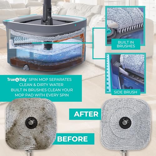 True & Tidy نظام دلو وممسحة True & Tidy True Clean Spin – تصميم ذو حجرة مزدوجة للماء النظيف والوسخ، رأس ممسحة دوار 360°، فرشاة تنظيف مدمجة، مقبض من الفولاذ المقاوم للصدأ و2 وسادات ميكروفايبر قابلة لإعادة الاستخدام - Image 2