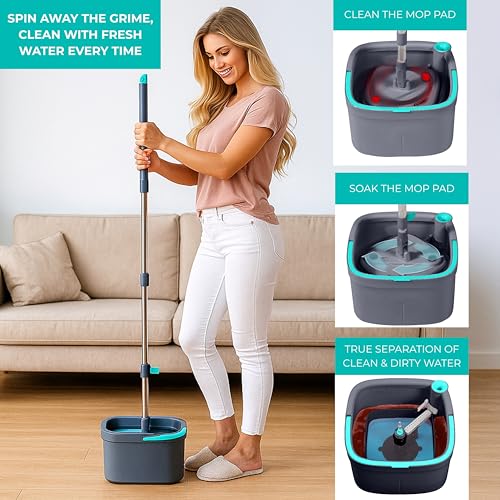 True & Tidy نظام دلو وممسحة True & Tidy True Clean Spin – تصميم ذو حجرة مزدوجة للماء النظيف والوسخ، رأس ممسحة دوار 360°، فرشاة تنظيف مدمجة، مقبض من الفولاذ المقاوم للصدأ و2 وسادات ميكروفايبر قابلة لإعادة الاستخدام - Image 3