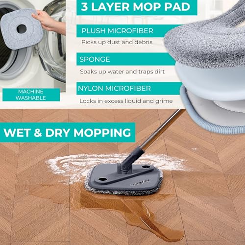 True & Tidy نظام دلو وممسحة True & Tidy True Clean Spin – تصميم ذو حجرة مزدوجة للماء النظيف والوسخ، رأس ممسحة دوار 360°، فرشاة تنظيف مدمجة، مقبض من الفولاذ المقاوم للصدأ و2 وسادات ميكروفايبر قابلة لإعادة الاستخدام - Image 4