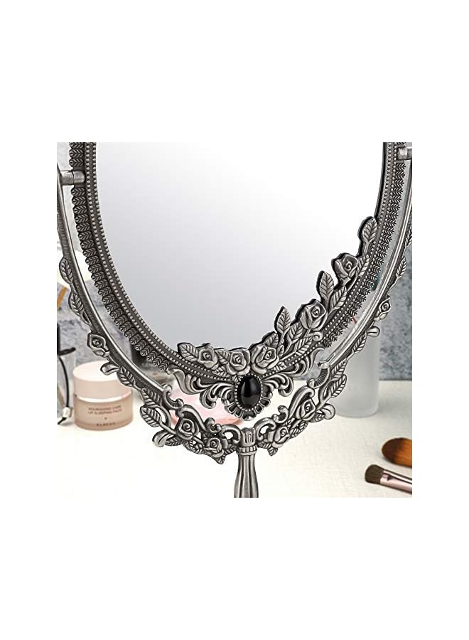 The Bros Makeup Mirror Vintage Mirror Oval Double Sided Rotatable Dressing Mirror Desktop Vanity Decorative Standing Tabletop (Large,Silver) - Image 5