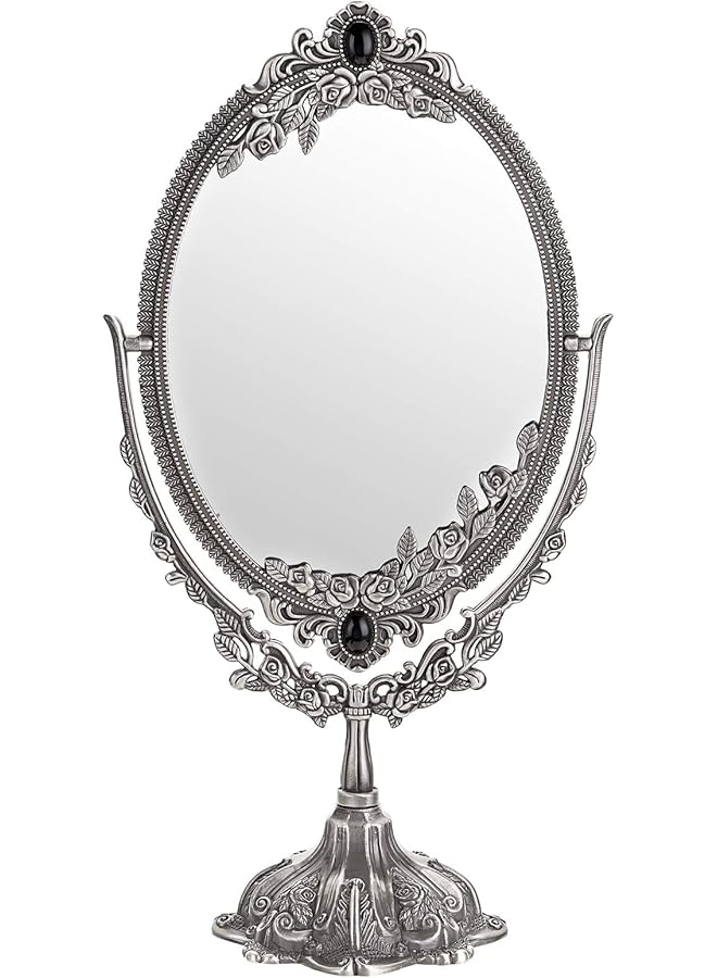 The Bros Makeup Mirror Vintage Mirror Oval Double Sided Rotatable Dressing Mirror Desktop Vanity Decorative Standing Tabletop (Large,Silver) - Image 1