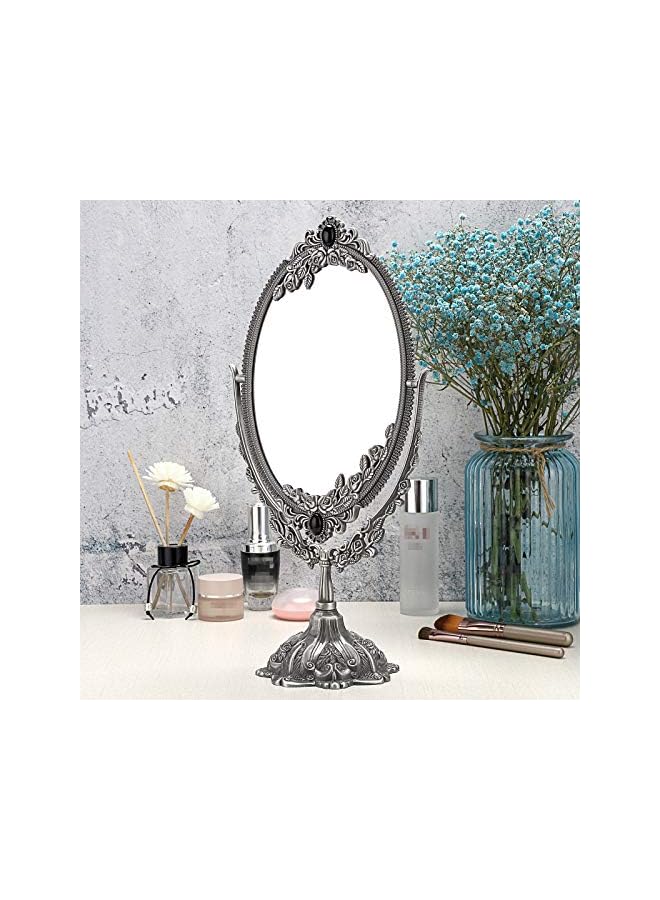The Bros Makeup Mirror Vintage Mirror Oval Double Sided Rotatable Dressing Mirror Desktop Vanity Decorative Standing Tabletop (Large,Silver) - Image 2