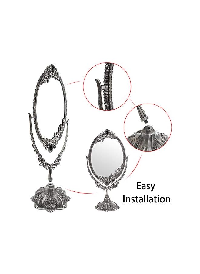 The Bros Makeup Mirror Vintage Mirror Oval Double Sided Rotatable Dressing Mirror Desktop Vanity Decorative Standing Tabletop (Large,Silver) - Image 4
