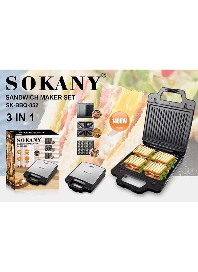 سوكاني ماكينة صنع الساندويتش  3 في 1 (شواء،توست ،وافل)تسخين مزدوج الجوانب/1400 واط/SK-BBQ-852  - Image 1