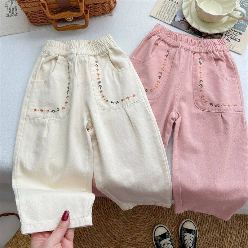 Girls' Cotton Embroidered Casual Pants, Spring/Autumn, Korean Style - Image 1