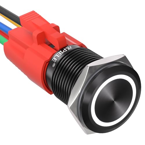 APIELE 16mm Latching Push Button Switch 12V DC On Off Black Shell with LED Angel Eye Head for 0.63" Mounting Hole with Wire Socket Plug Self-Locking (White/Black Shell) - Image 1