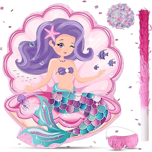 Faccito Seashell Piata for Mermaid Birthday Party Girl Sea Theme Piata with Stick Blindfold and Confetti for Mermaid Birthday Decorations Supplies - Image 1