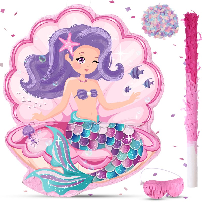 Faccito Seashell Piata for Mermaid Birthday Party Girl Sea Theme Piata with Stick Blindfold and Confetti for Mermaid Birthday Decorations Supplies - Image 3