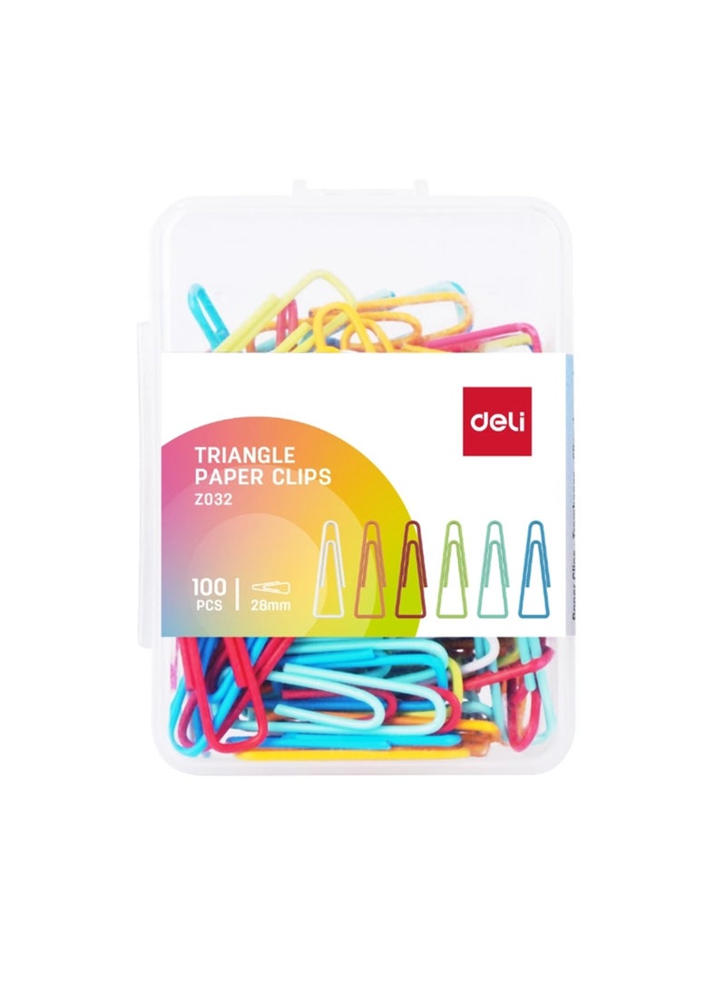 Deli 100-Piece Triangular Paper Clips 28mm Size Multicolour  - Image 1