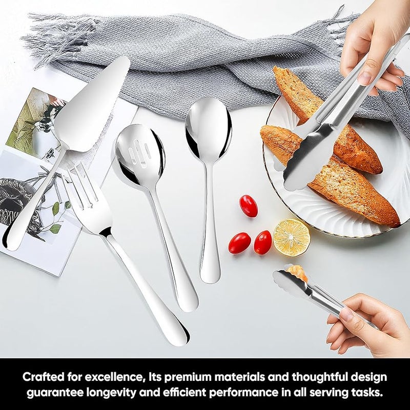 Gisly 14PCS Serving Utensils - Hostess Serving Utensils Set, Premium Stainless Steel 8.7 inch Serving Utensils, Slotted Spoons, Forks, Tongs, Cake Pie Server for Buffet, Wedding, Dinner (Silver) - Image 3
