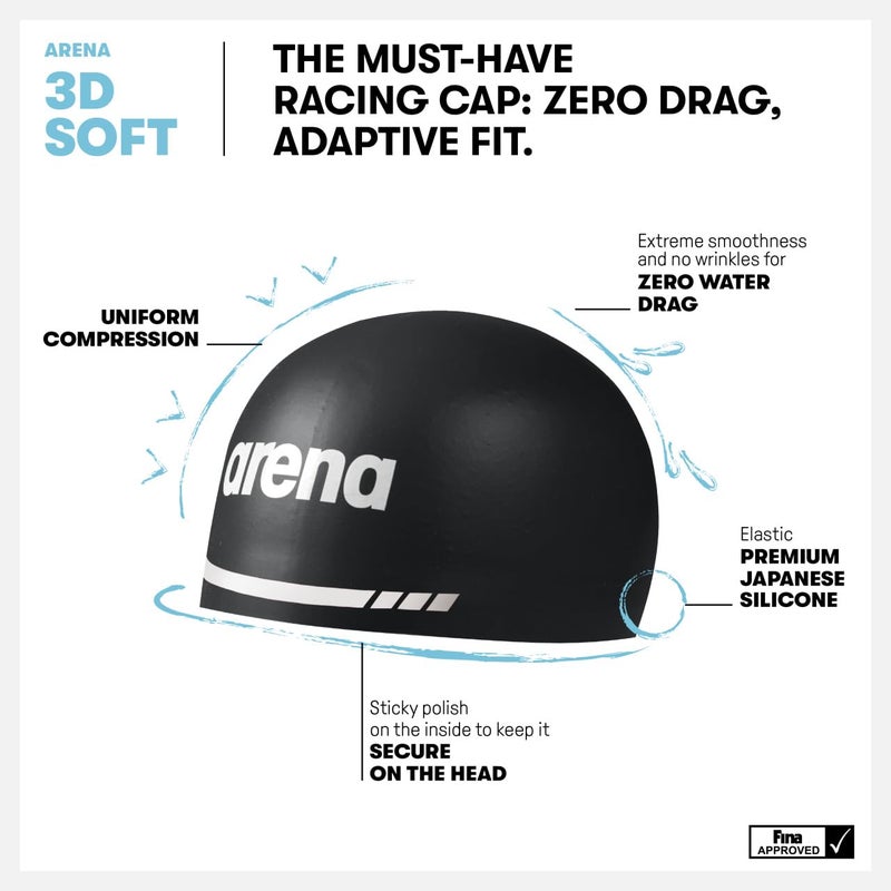 Arena 3D Soft USA Unisex Adult Silicone Swim Cap for Men and Women Swimming Pool Practice and Racing Swim Kit, White, Large - Image 2