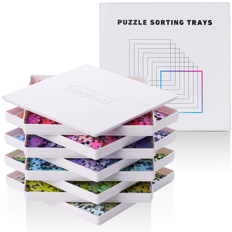 Tidyboss 8 Puzzle Sorting Trays with Lid 10 x 10 Portable Jigsaw Puzzle Accessories White Background Makes Pieces Stand Out Sort Patterns Shapes and Colors for Puzzles Up to 15002000 Pieces - Image 4