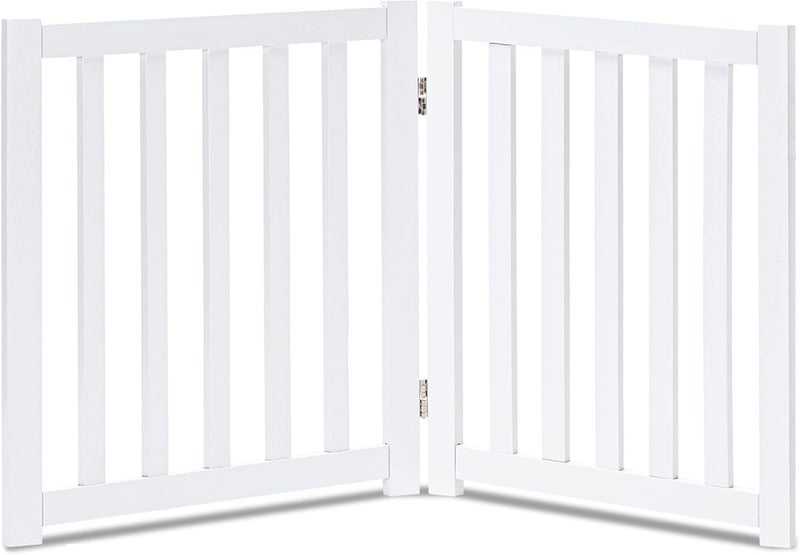 LZRS 2Panel Wooden Free Standing Foldable Dog Gate Indoor  Solid Hardwood 24 High StepOver Safety Pet Gate for Doorways Stairs  Small Spaces  Indoor Use White - Image 1
