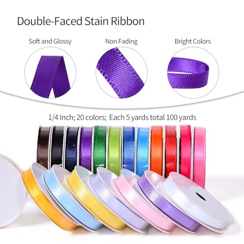 Ribest 1/4 Inch Solid Double Face Satin Ribbon Set for Gift Wrapping Hair Bows Craft Sewing-100 Yards (5 Yards*20 Colors) - Image 2