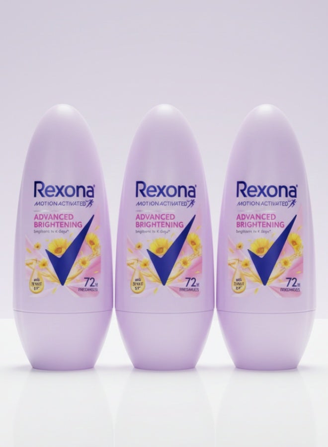 Motion Activated Pack of 3 Advanced Brightening Women Antiperspirant Deodorant Roll On 45 ml Long Lasting Freshness Sweat Protection Skin Care
