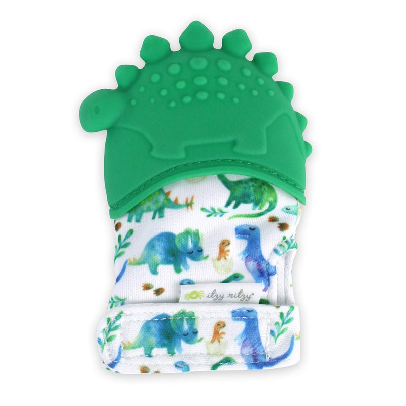 Itzy Ritzy Silicone Teething Mitt - Soothing Infant Teething Mitten with Adjustable Strap, Crinkle Sound & Textured Silicone to Soothe Sore & Swollen Gums - for Ages 3 Months & Up (Green Dinosaur) - Image 1