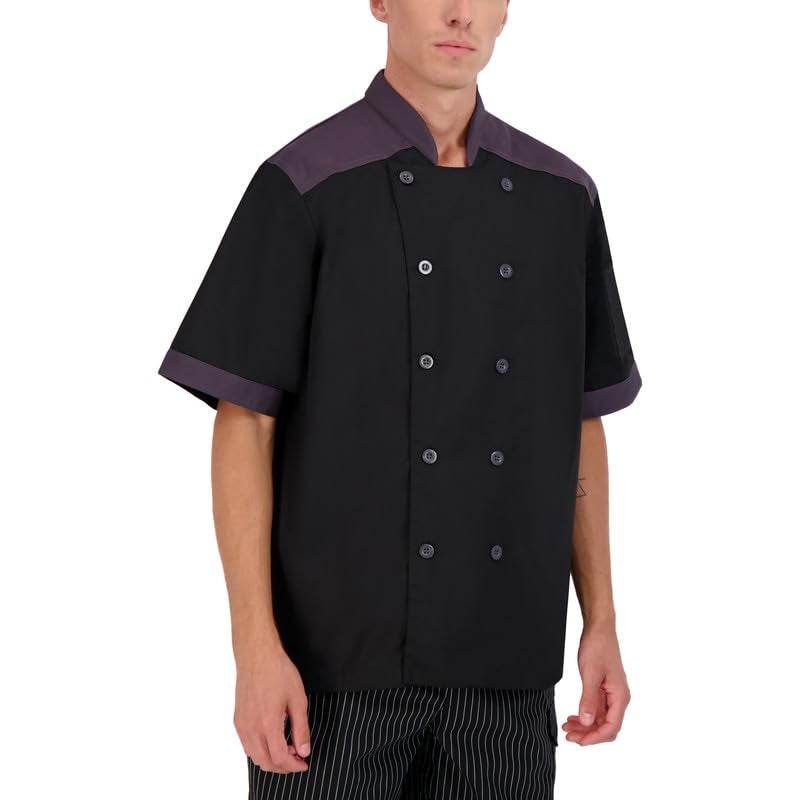 Happy Chef CookCool Top Trim Chef Coat Short Sleeve (Large, Black) - Image 1