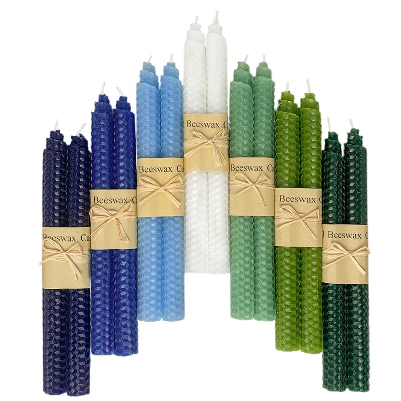 Lacaser Natural Beeswax Taper Candles Bulk 14 Pack 9 Long Candle Sticks Unscented Dripless Bees Wax Made Candles Blue White Green in 7 Assorted Colored Colors - Image 2