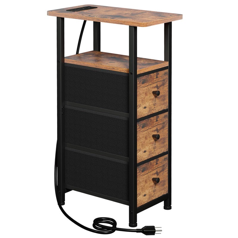 LOAKEKEL Narrow End Table Living Room with Charging Station, Skinny Side Table with Fabric Drawers, Slim Nightstand for Bedroom, Small Spaces, Couch, Brown, HETNDP03BR-1 - Image 1