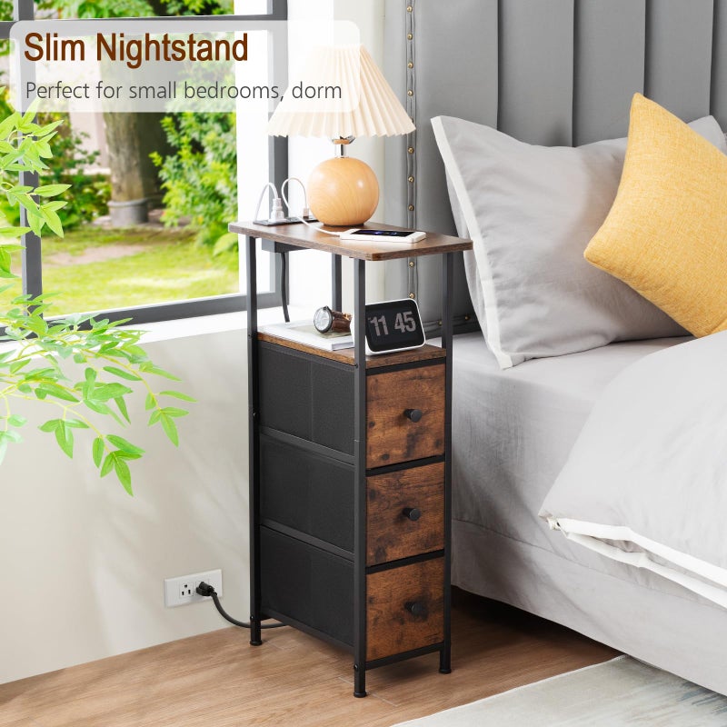 LOAKEKEL Narrow End Table Living Room with Charging Station, Skinny Side Table with Fabric Drawers, Slim Nightstand for Bedroom, Small Spaces, Couch, Brown, HETNDP03BR-1 - Image 4