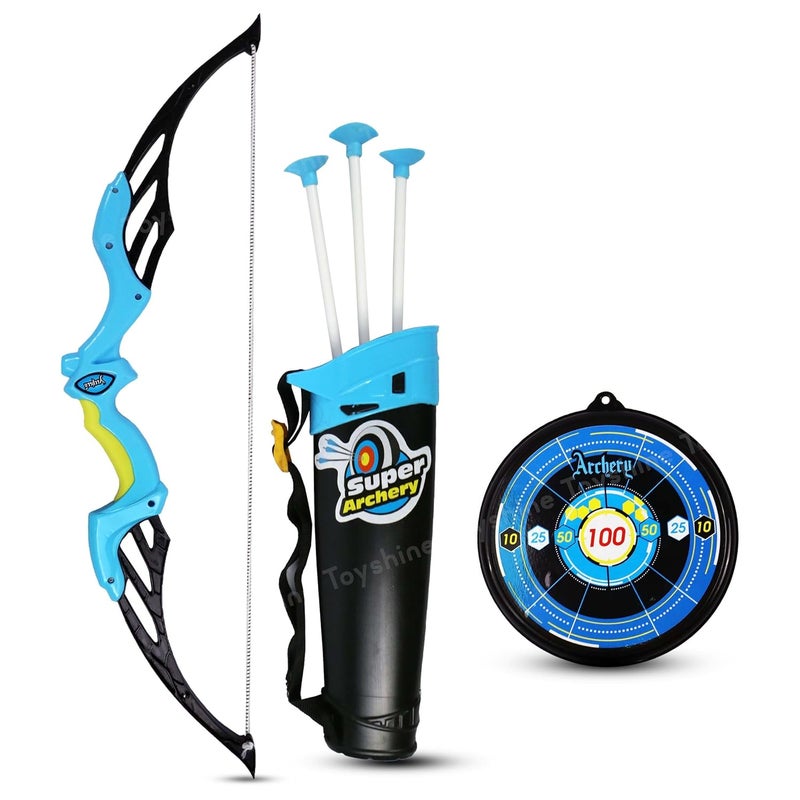 Toyshine Bow & Arrow Archery Set Outdoor Hunting Adventure Game with Safe 3 Suction Dart Arrows, Target & Quiver Sports Toy Kids 7-12 Years - Blue - Image 1
