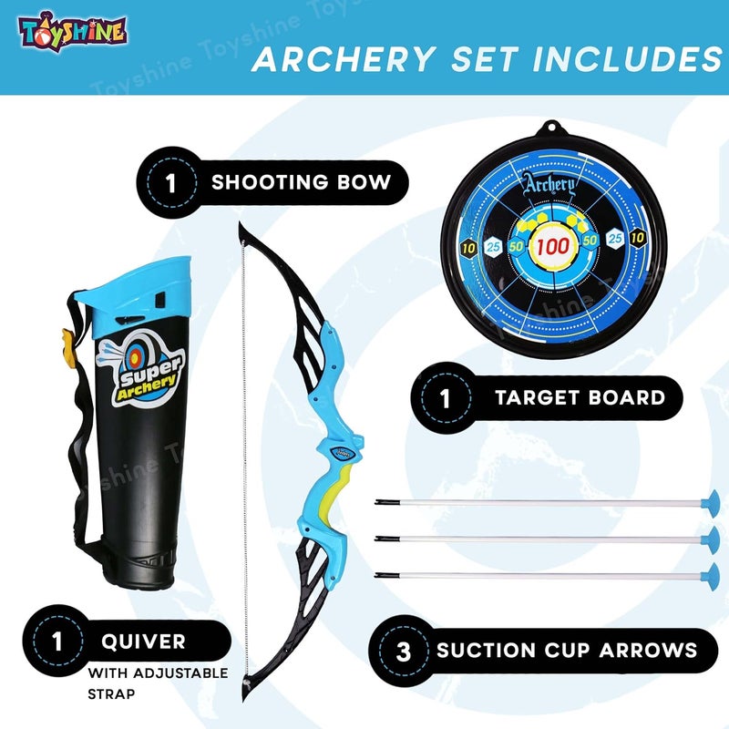 Toyshine Bow & Arrow Archery Set Outdoor Hunting Adventure Game with Safe 3 Suction Dart Arrows, Target & Quiver Sports Toy Kids 7-12 Years - Blue - Image 2