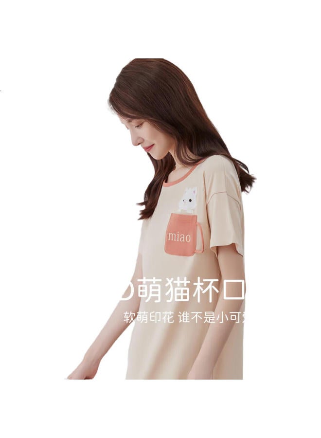 Top melon Ding Guagua Women'S Cartoon Cat Print Cotton Short Sleeve Nightgown Comfortable Casual Home Dress Women Color Cotton Rice 160 - Image 3